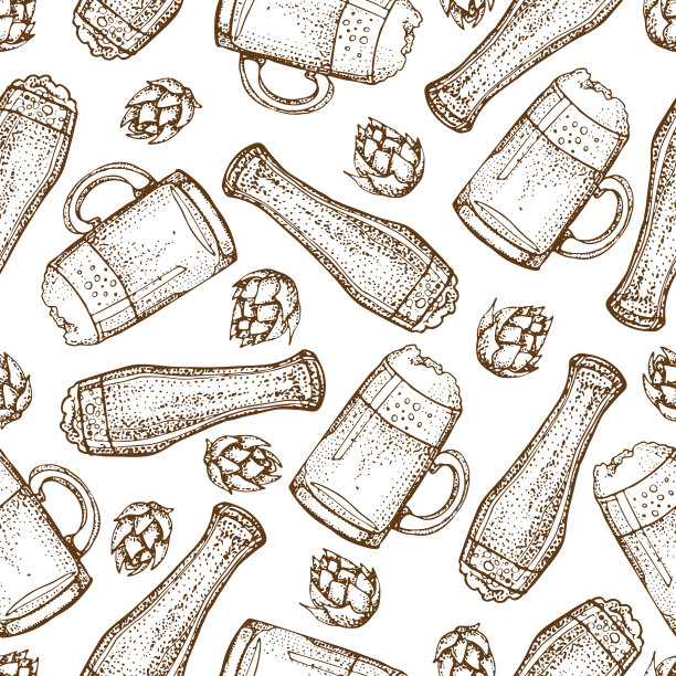 手绘啤酒杯无缝图案矢量素材，包含啤酒花和小麦，适用于餐厅、酒吧和啤酒节图片下载