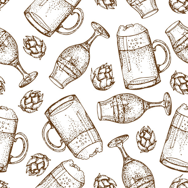 手绘啤酒杯无缝图案矢量素材，包含啤酒花和小麦，适用于餐厅、酒吧和啤酒节图片下载