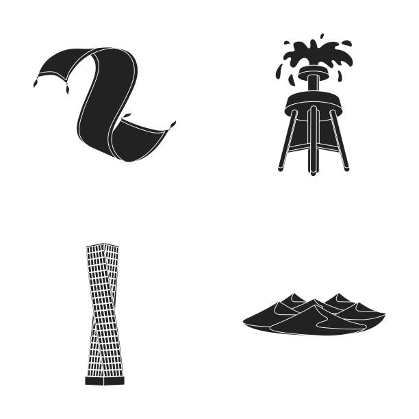 波斯地毯，沙漠中的沙丘，上海中心大厦，油井。阿拉伯酋长国设置集合图标在黑色风格向量符号股票插图web。图片下载