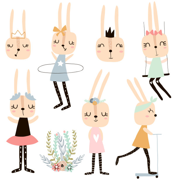 一组可爱的兔子女孩角色。兔子向量集合图片下载