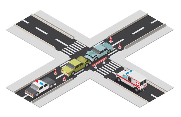 等距低聚事故人行横道旗帜凹凸车矢量背景插图图片下载