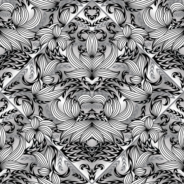 花型涡纹无缝图案。矢量黑白背景图片下载