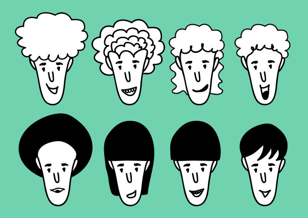 人脸卡通图标矢量插画，男人微笑，年轻男人头像线图标，手绘黑人和白人的脸，素描肖像轮廓图片下载