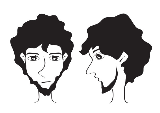 人脸卡通图标矢量插画，男人微笑，年轻男人头像线图标，手绘黑人和白人的脸，素描肖像轮廓图片下载