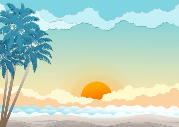 椰子树在阳光和海景背景-插图图片下载