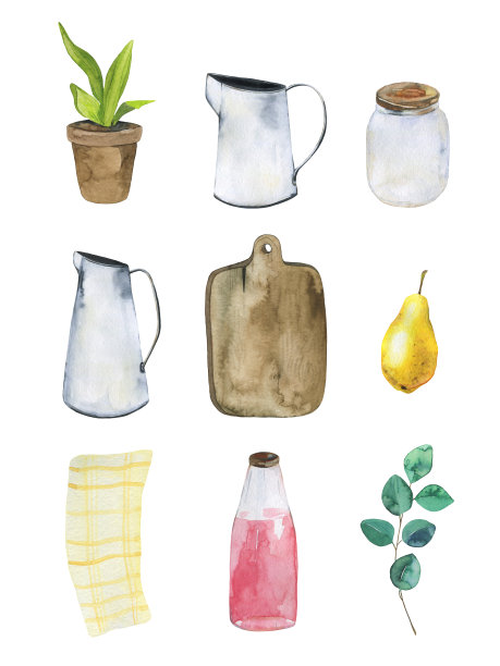 水彩插图设置厨房工具。砧板，金属和玻璃罐，毛巾，花盆，桉树和黄梨孤立在白色背景图片下载