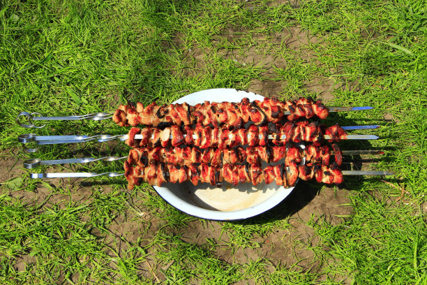 煮熟的猪肉。烧烤午餐。开胃的烤肉串放在盘子上图片下载