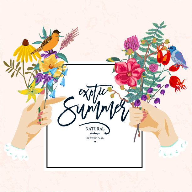 手和鲜花。复古矢量夏季插图图片下载