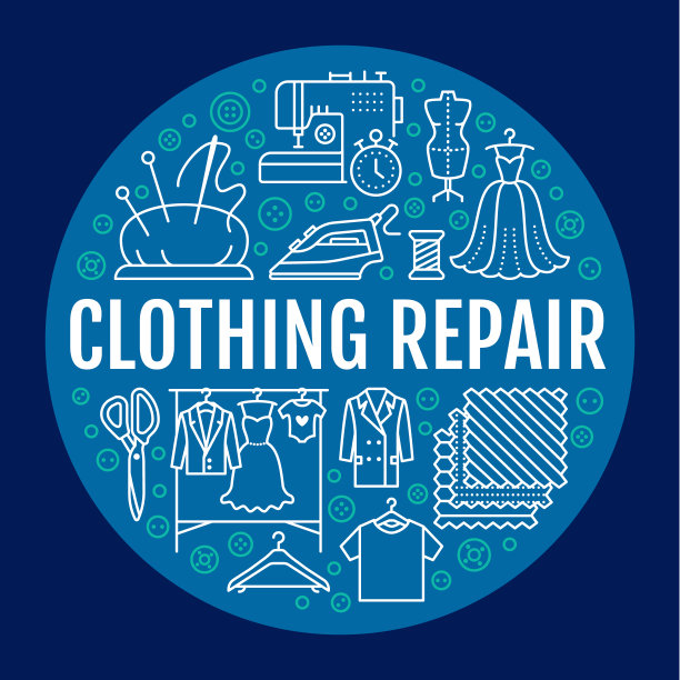 服装修理，改建工作室设备横幅插图。矢量线图标的裁缝店服务-服装制作，连衣裙，服装缝纫。服装工作室蓝色圆圈海报模板图片下载