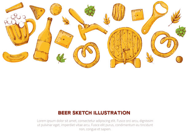 啤酒横幅与素描杯，椒盐卷饼，小麦隔离在白色背景推广图片下载