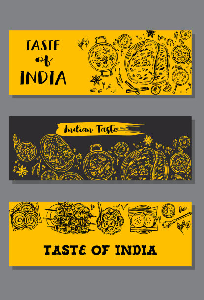 印度食品横幅收集。线性图形。矢量插图。雕刻风格。图片下载