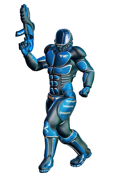 身穿蓝色制服的太空战士，手持重型步枪，3d插图图片下载