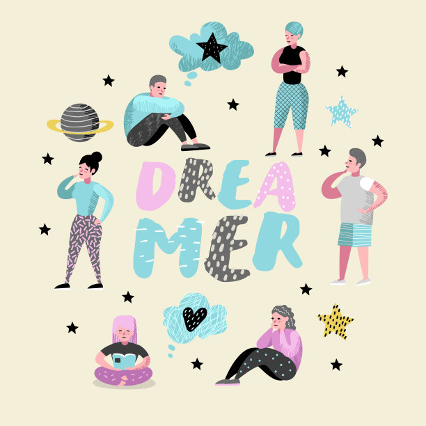 快乐的人在做梦。年轻人的想法。女人梦想未来。快乐的卡通人物。矢量图图片下载