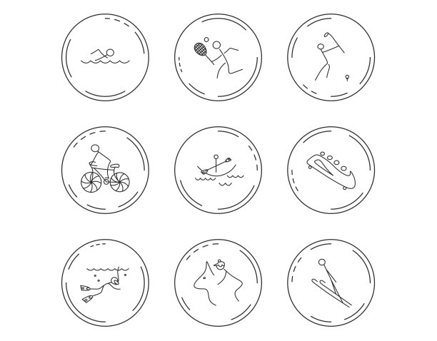 游泳、网球和高尔夫的图标。骑自行车、潜水。图片下载