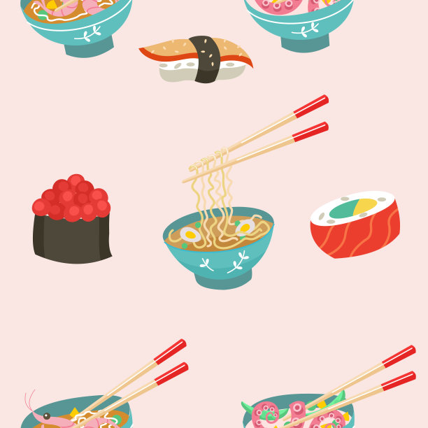 日本料理。无缝模式。寿司、面包卷和面条。图片下载