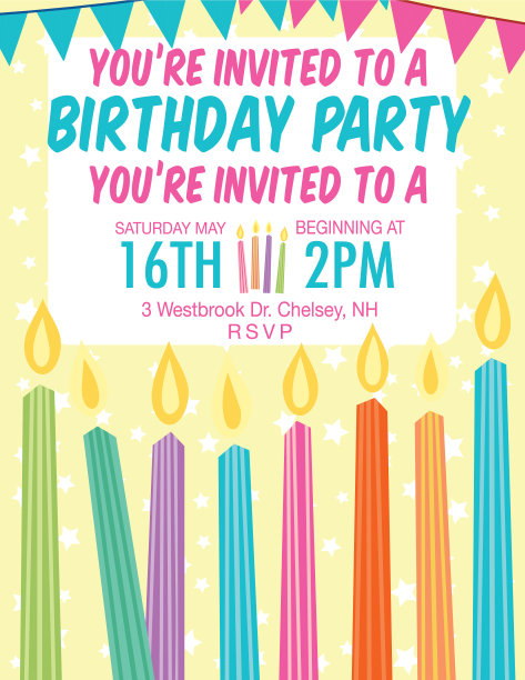 生日派对邀请与蜡烛和三角旗图片下载