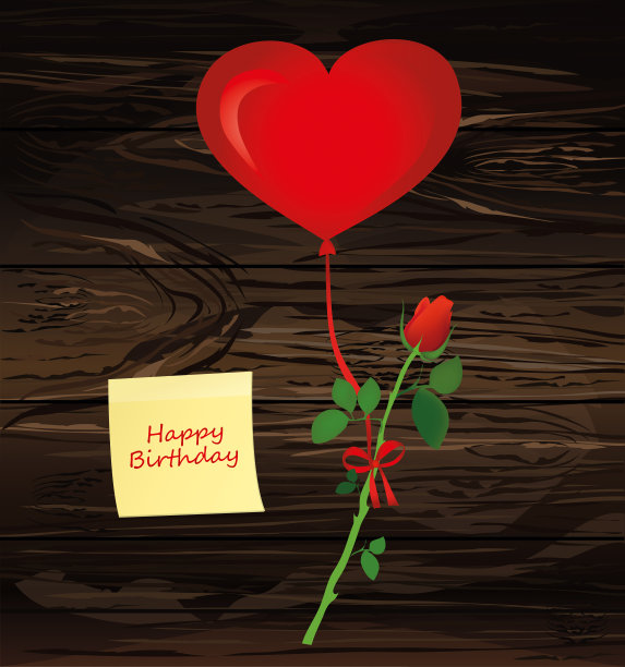 心形热气球上系着蝴蝶结的红色花朵彩带。节日贺卡或邀请函。黄色便签纸。贴纸。爱。木纹背景矢量素材图片下载
