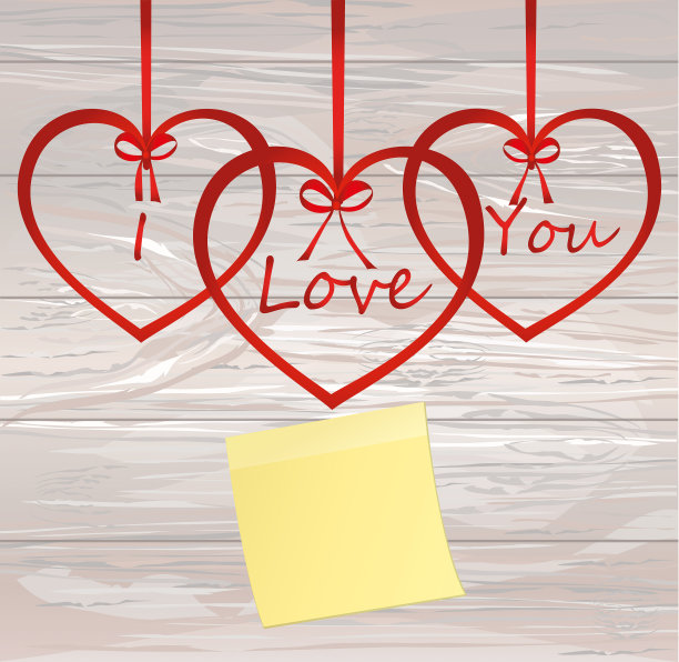 心形丝带、黄色便签纸、贴纸、“我爱你”字样、红色蝴蝶结、节日贺卡或请柬、情人节木质背景矢量素材图片下载