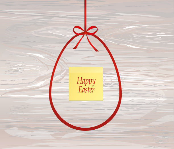 复活节彩蛋形状的红色蝴蝶结。贺卡或假日请帖。黄色的便条纸。贴纸。文字或广告的空白位置。木制背景上的矢量图片下载