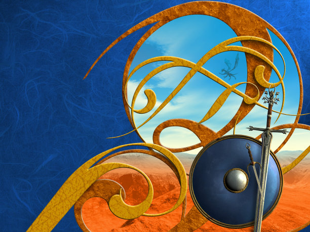 幻想背景装饰，盾牌和剑，3d插图图片下载