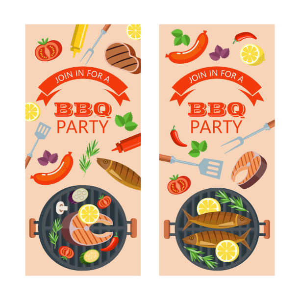 烧烤聚会。烤鱼和蔬菜。矢量插图。的邀请。图片下载