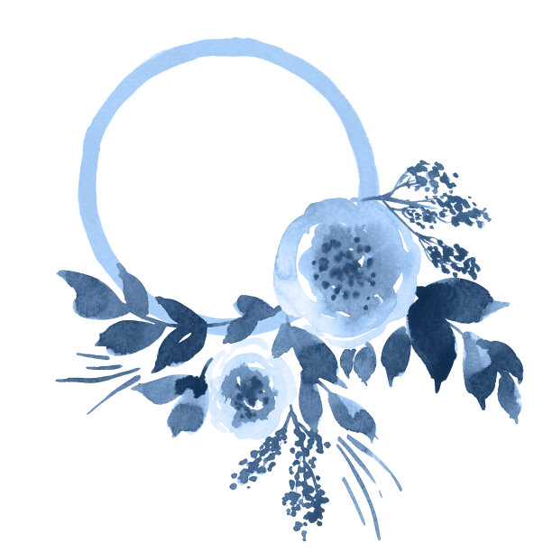 水彩圆框牡丹花。靛蓝色手绘鲜花贺卡图片下载