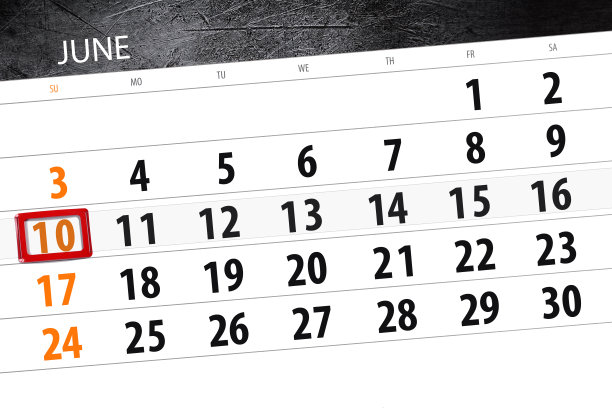 日历计划的月，截止日的一周，周日，2018年6月10日图片下载
