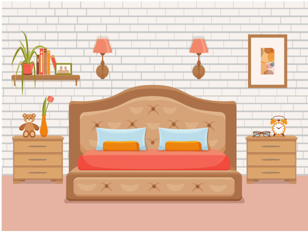 卧室内的向量。酒店公寓的彩色插图素材图片