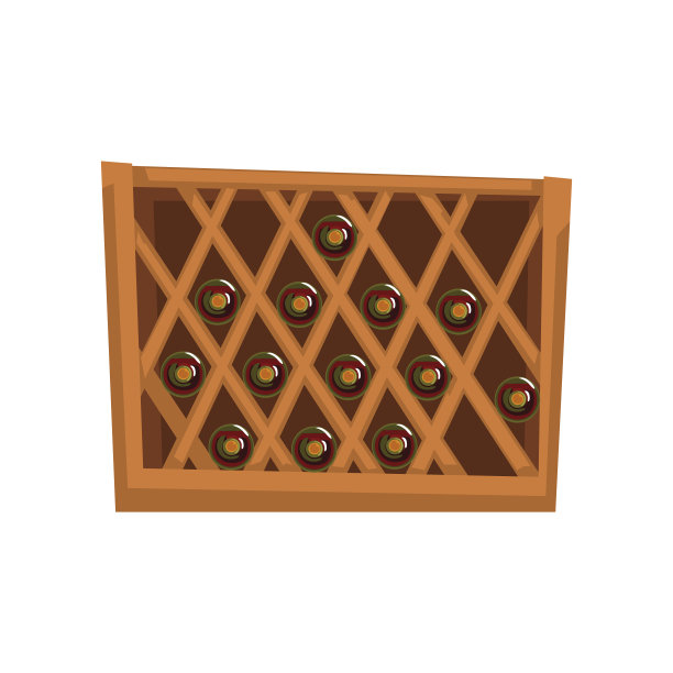 红酒酒瓶堆放在木架子上，酒厂生产过程矢量图在白色背景上图片下载