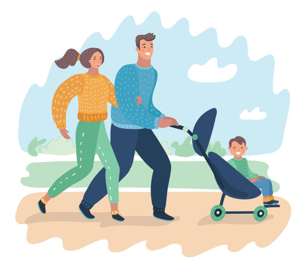 幸福的年轻家庭与婴儿车图片下载