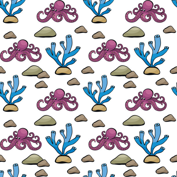 无缝模式与章鱼和珊瑚图片下载