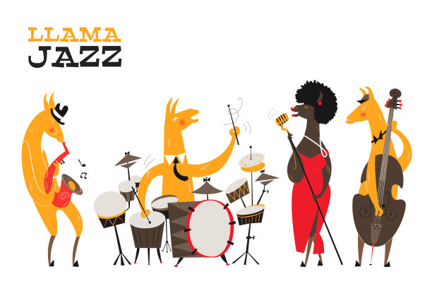 骆驼爵士乐。羊驼爵士乐队的搞笑卡片。拉玛用金色的麦克风唱歌，拉玛吹萨克斯管，低音提琴，小军鼓。印刷布料，t恤，海报，包。中世纪的风格。图片下载