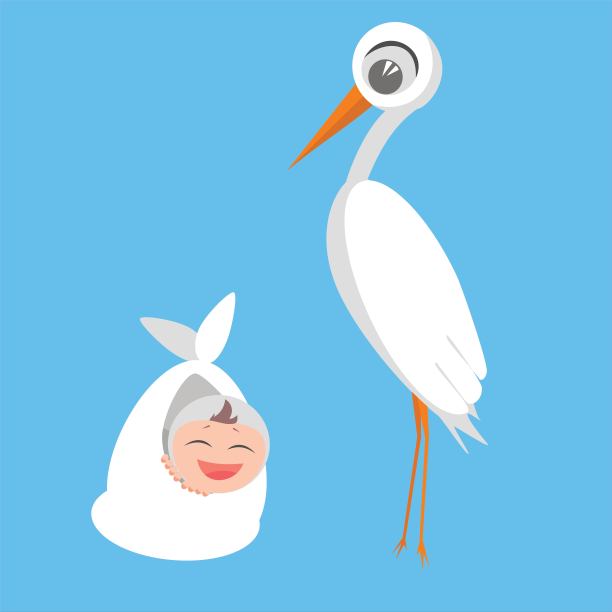 鹳靠近微笑的婴儿。布景，小鸟，婴儿，卡通人物，孤立的图片下载