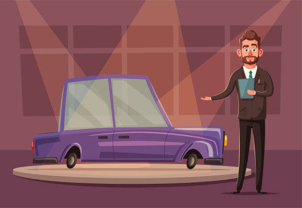 出售一辆新车。在汽车陈列室的卖主展示了这辆车。向量的卡通插图图片下载