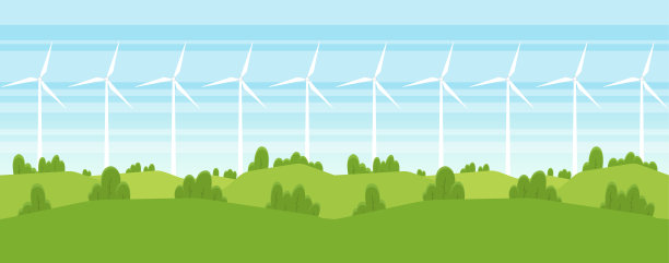 矢量插图:无缝卡通夏季景观与风能涡轮机。图片下载