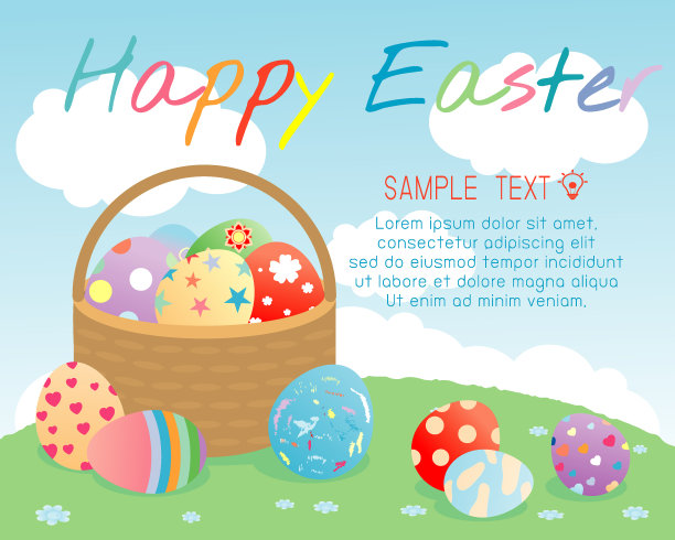 复活节快乐，篮子与颜色复活节彩蛋的背景，贺卡矢量插图图片下载