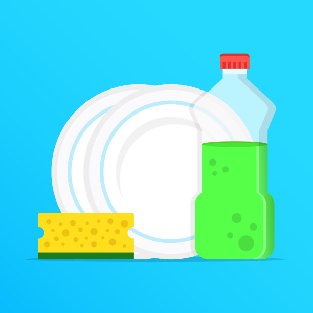 洗碗,洗盘子。洗碗液、洗碗液和黄色海绵。现代的图形元素。平面设计。矢量图图片下载