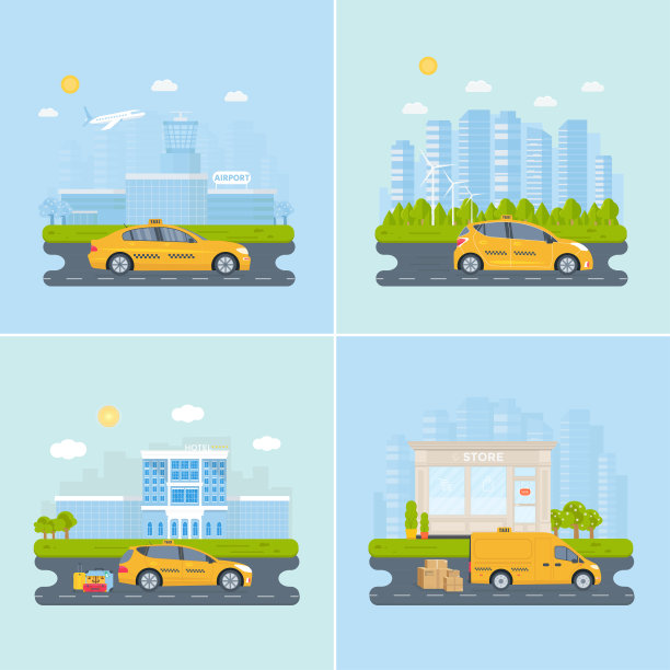 旗帜与机器黄色出租车在城市。公共出租车服务公司图片下载