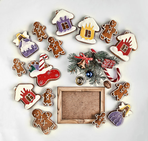 圣诞烘烤，装饰孤立，白色，空木框为你的文字。俯视图，特写，拷贝空间图片下载