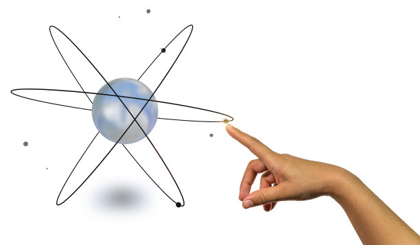 原子蓝色轨道科学手点，孤立在白色背景3d渲染图片下载