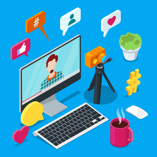 写博客和创建社交媒体内容。照片或视频博客矢量3d等距图标。互联网业务的概念图片下载