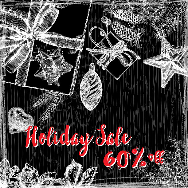 假日销售六折，文字设计与手绘排版和假日框架上的黑色背景。用于横幅，贺卡，礼物和购物。图片下载
