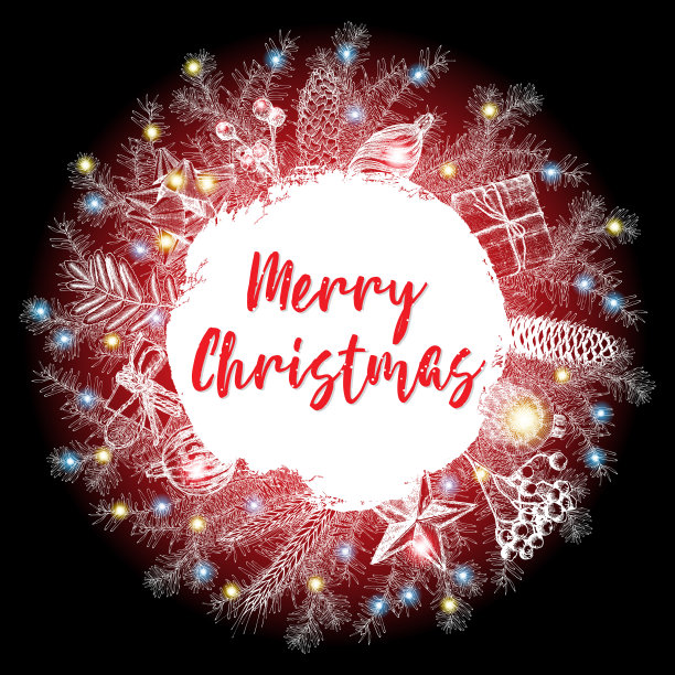 圣诞快乐红色字母设计在传统节日花环框架。向量。图片下载
