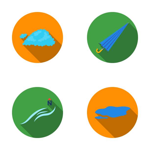 云，伞，北风，地上水坑。天气集收集图标在平面风格矢量符号股票插图web。图片下载