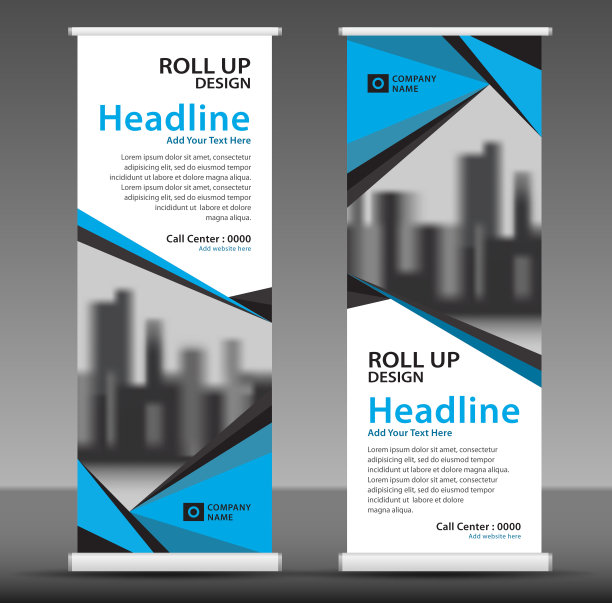 蓝色滚动横幅模板，垂直横幅设计，海报，广告布局，拉起，脱颖而出，展示设计，展示布局图片下载