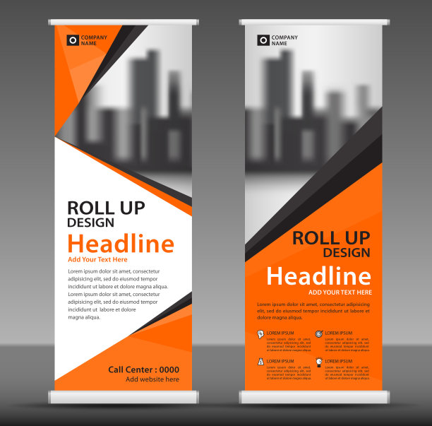 橙色卷起横幅模板，垂直横幅设计，海报，广告布局，拉起，脱颖而出，展示设计，展示布局图片下载