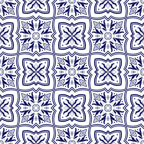 西班牙瓷砖图案矢量无缝与花卉装饰。葡萄牙azulejo，墨西哥talavera，意大利majolica或代尔夫特荷兰。瓷砖陶瓷纹理的马赛克厨房墙壁或浴室地板。图片下载