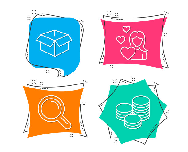 爱，研究和打开的盒子图标。提示标志。恋爱中的女人，放大镜，邮包。现金的硬币。图片下载
