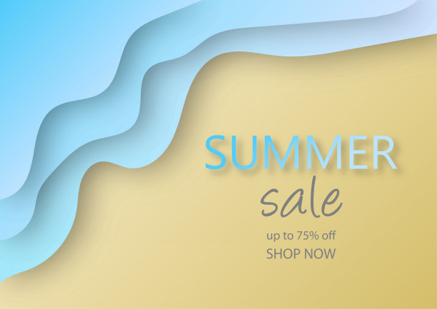 夏季销售旗帜与剪纸蓝色的海和海滩为旗帜，传单，海报或网站设计。图片下载