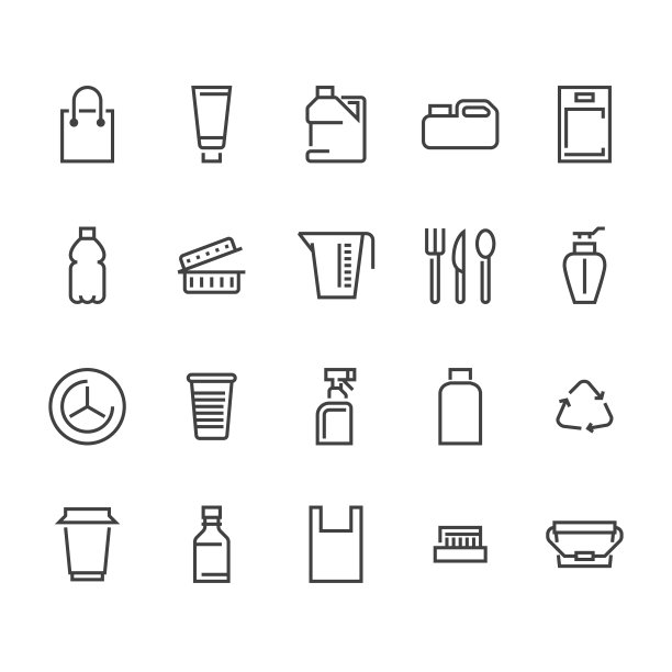 塑料包装，一次性餐具线图标。产品包装、容器、瓶、罐、盘子餐具容器薄标志，废物回收利用。像素完美48 x48图片下载